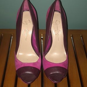Jessica Simpson pink and burgundy platform heels